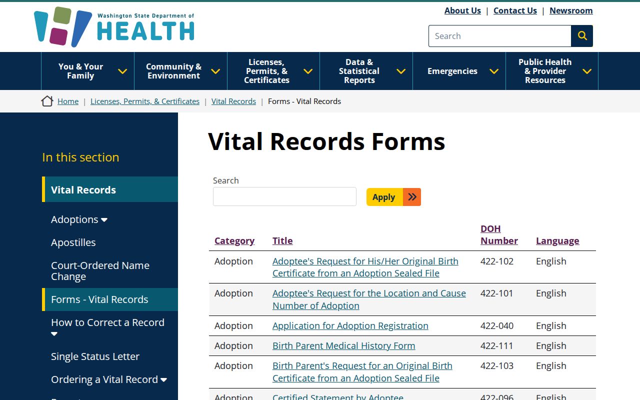 Washington DOH vital forms for Bellingham identity research